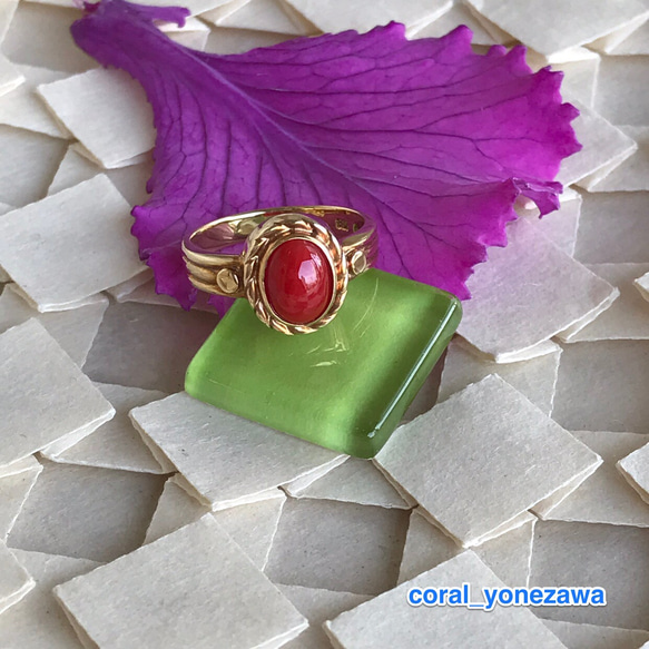 アウトレットSALE☆赤珊瑚だ円形・K18指輪（K18ミルドメ） 1枚目の画像