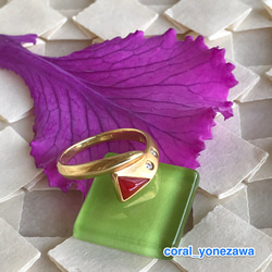 アウトレットSALE☆赤珊瑚ピラミッド形・K18つや消し・ダイヤモンド・デザインリング 3枚目の画像
