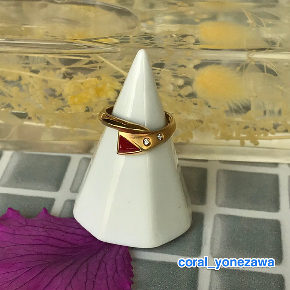 アウトレットSALE☆赤珊瑚ピラミッド形・K18つや消し・ダイヤモンド・デザインリング 5枚目の画像