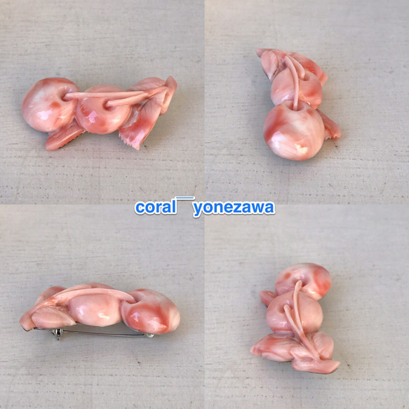 訳あり特価品☆珊瑚彫りブローチ・チェリーさくらんぼ・コーラルピンク 9枚目の画像