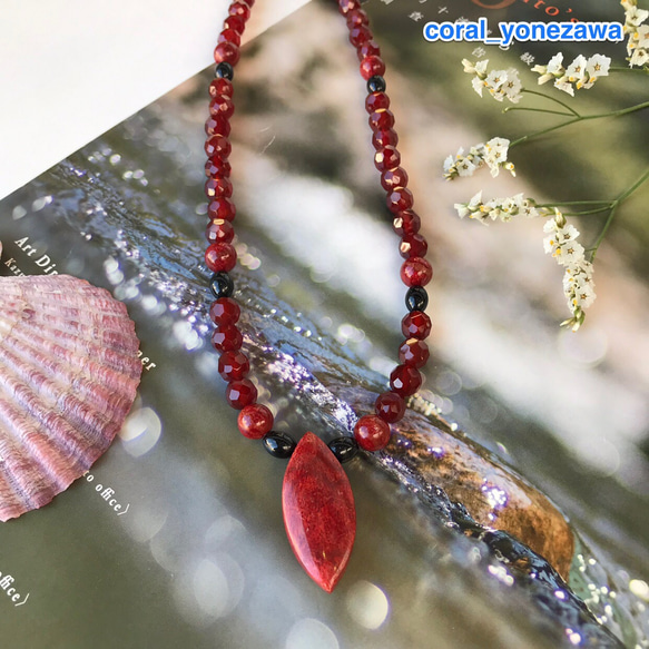 令和元年7月のお得♡（30）オリジナルネックレス・季節を問わずお着け頂けます！黒珊瑚・イソバナサンゴ・赤メノウ・SV 2枚目の画像