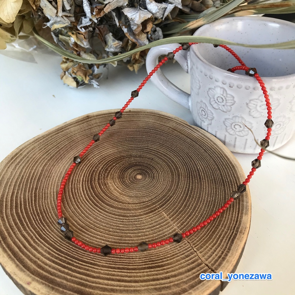 「creema限定」赤珊瑚オリジナルネックレスギフトにおススメ！留め金K18・スモーキークォーツ入り