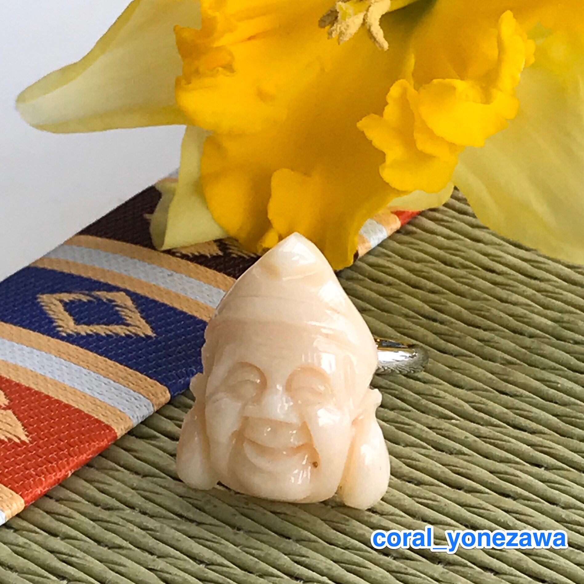 珊瑚彫刻『恵比寿様』福リング・指輪　SALE