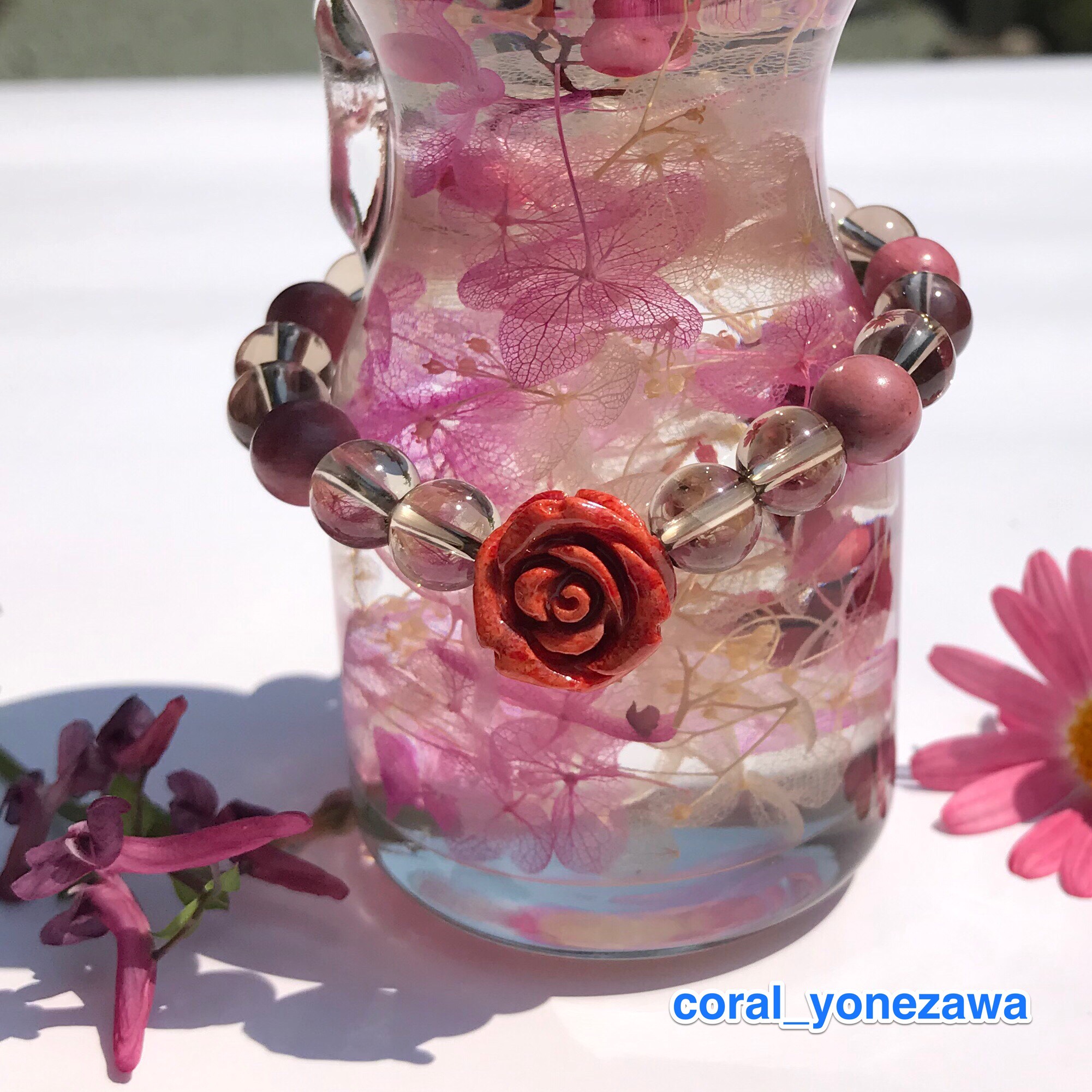 赤薔薇ブレスレット（イソバナサンゴ・スモーキークォーツ・インカローズ）オリジナルデザイン