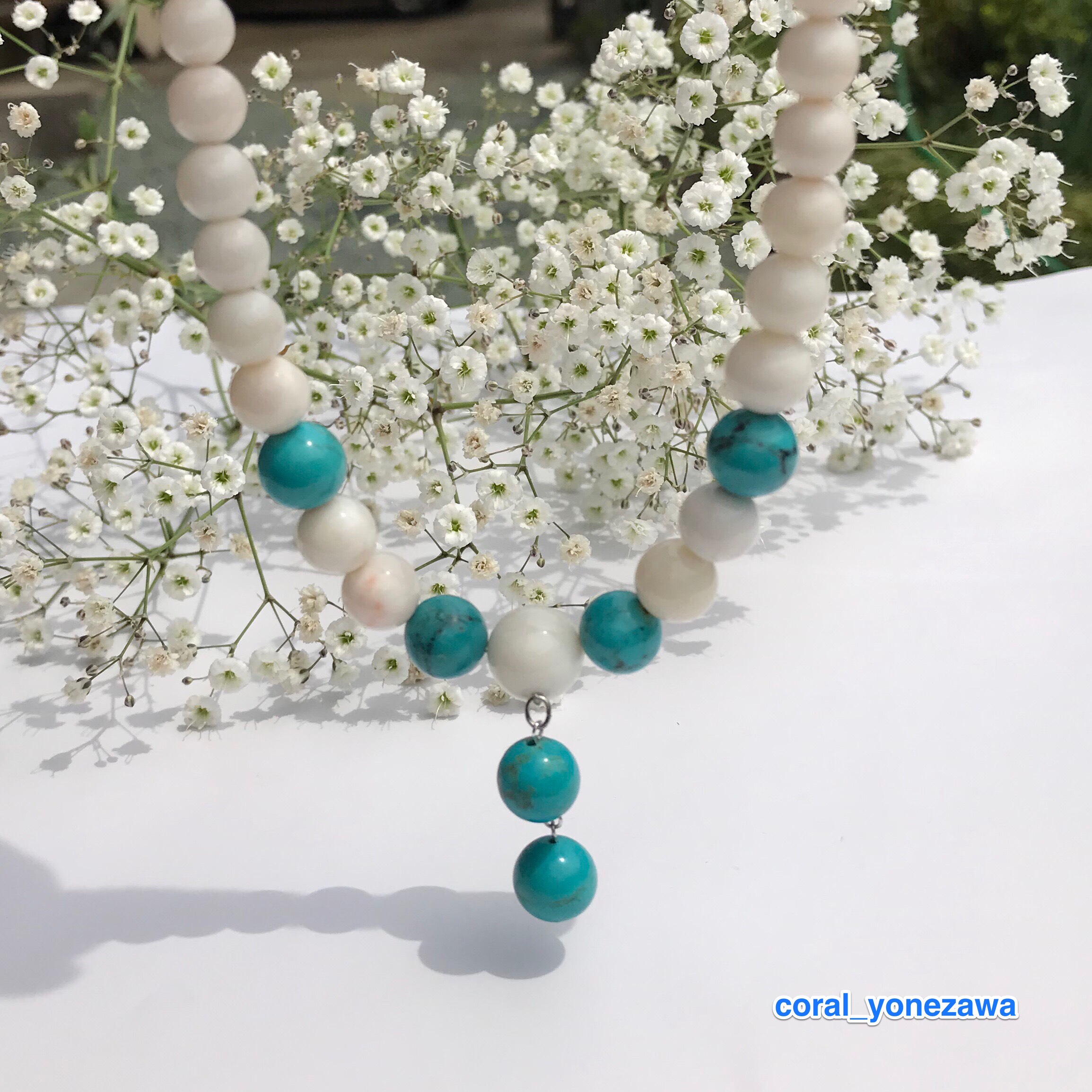 新作オリジナルネックレス＊白珊瑚・ターコイズ『青空』