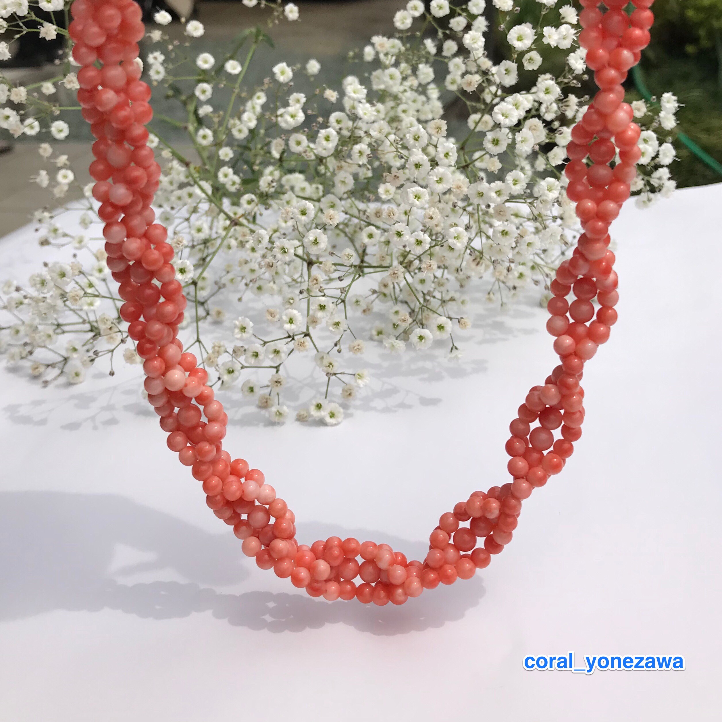 ピンク珊瑚編み込みネックレス