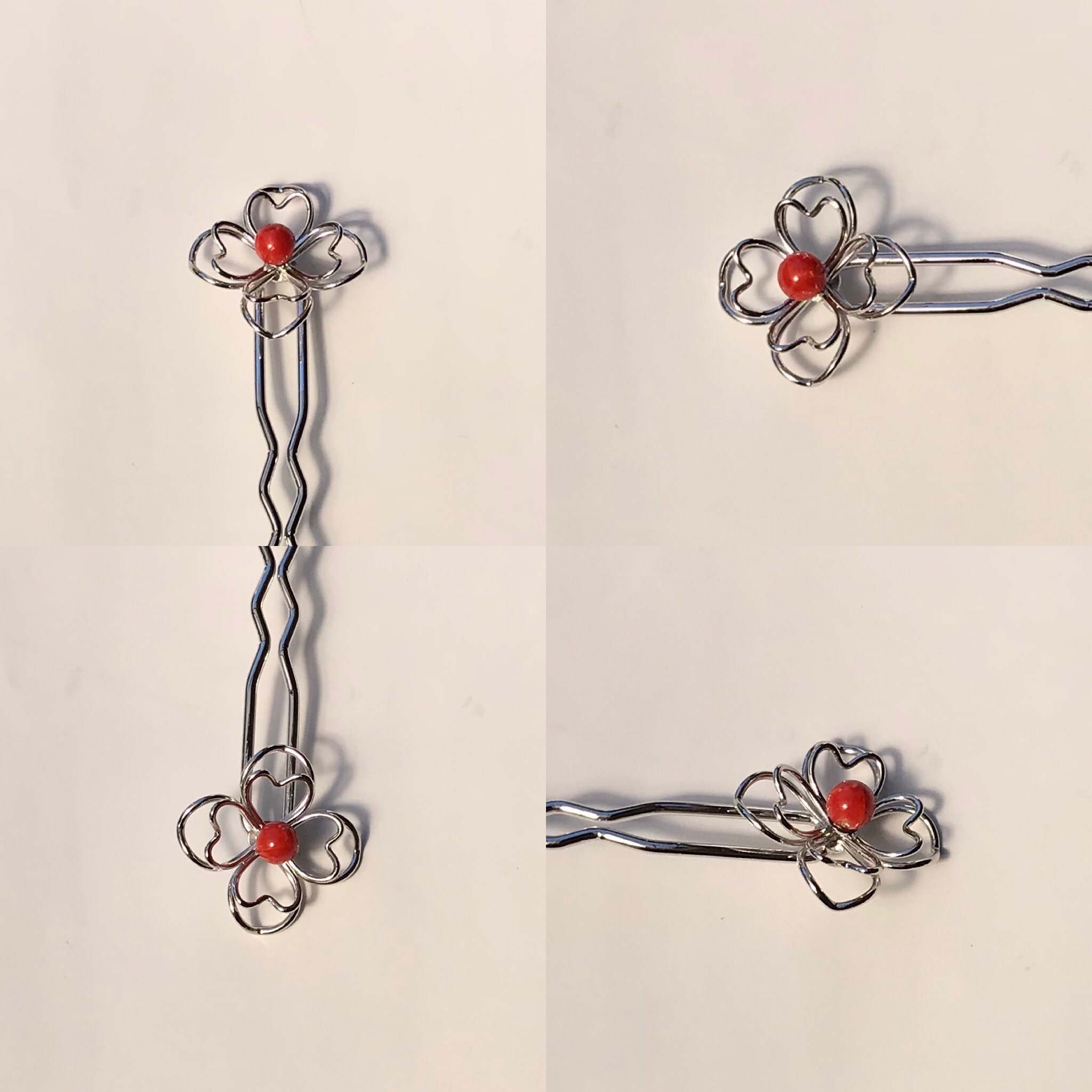 赤珊瑚玉付きかんざし（ハートのお花）H517−7