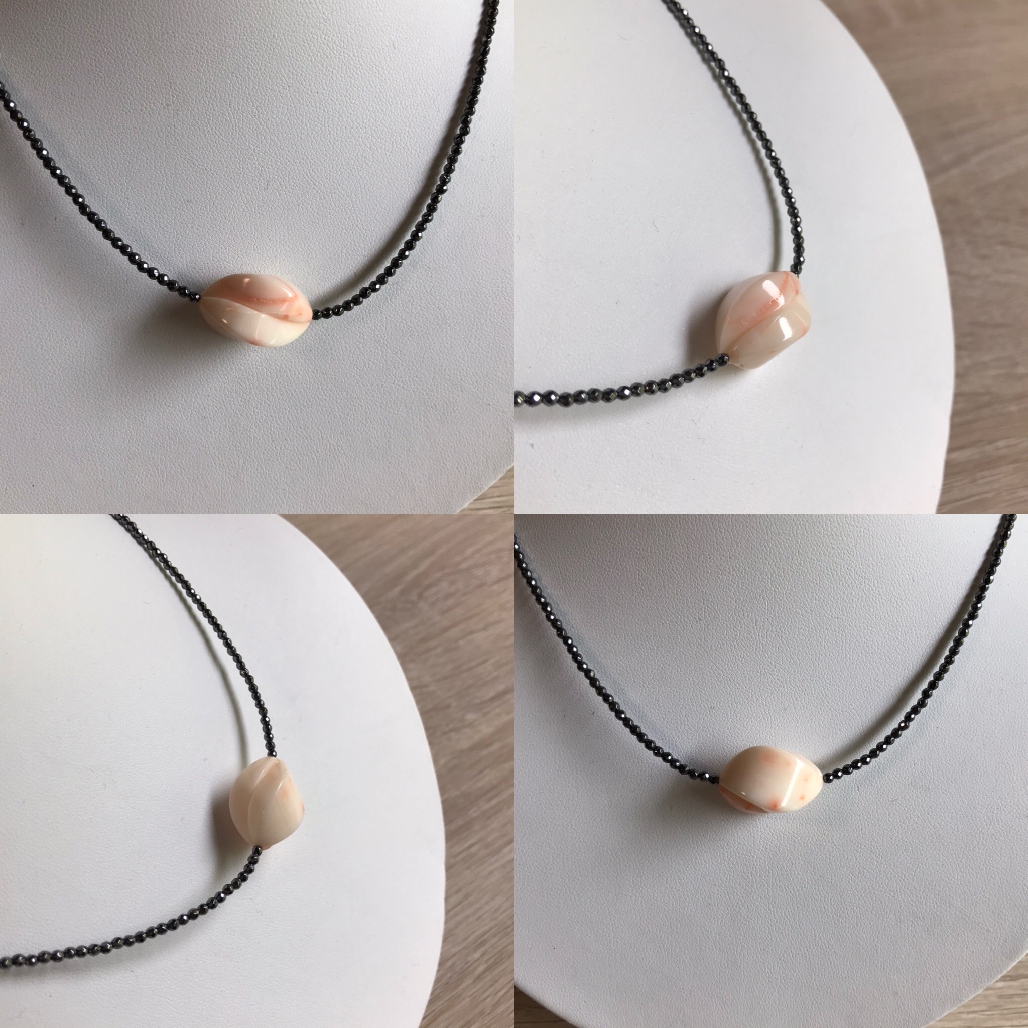 新作オリジナルネックレス＊センター珊瑚彫刻・ヘマタイト・留め金シルバー製クラスプ