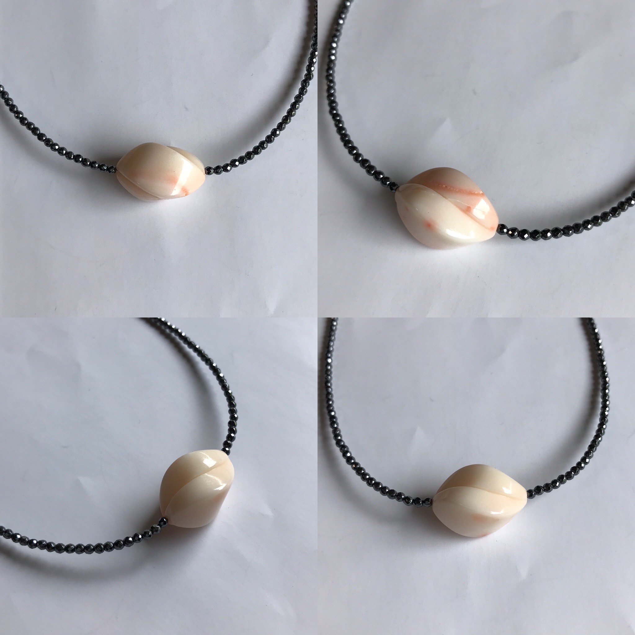 新作オリジナルネックレス＊センター珊瑚彫刻・ヘマタイト・留め金シルバー製クラスプ