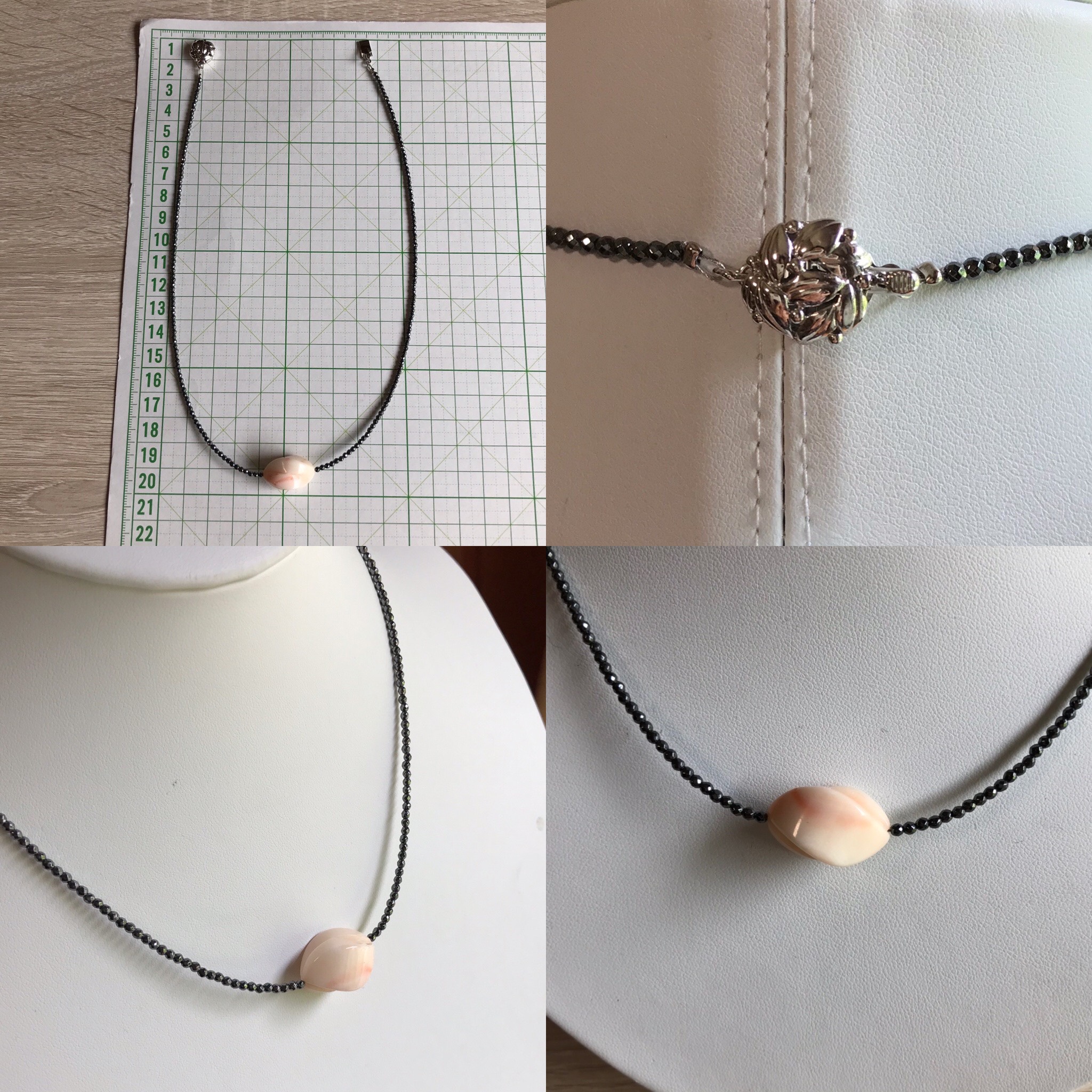 新作オリジナルネックレス＊センター珊瑚彫刻・ヘマタイト・留め金シルバー製クラスプ