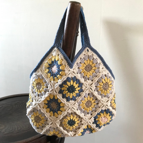 コットン糸 モチーフ編みのバッグ かぎ針編み トートバッグ モチーフ
