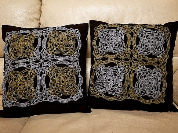 モチーフ編み飾りのリネンクッションカバー 2枚目の画像