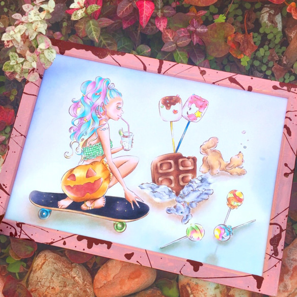 木製フレーム & ドッグイラスト A4【Sweet Day】コピック画 ♥ 壁掛け