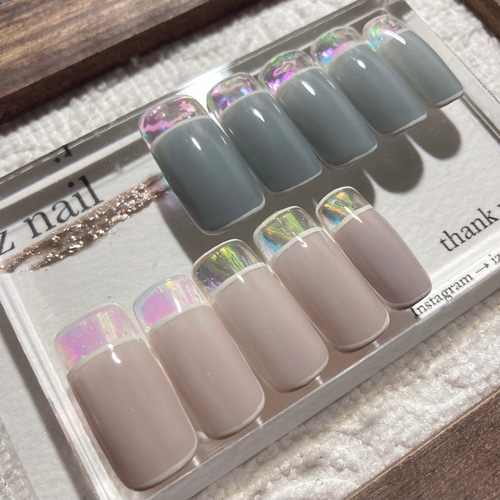 ネイルチップ】オーロラクリアフレンチのアシンメトリーネイル