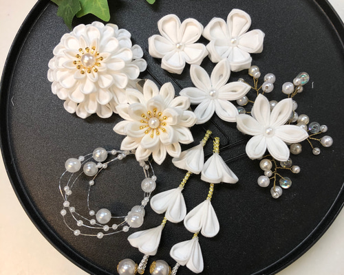 つまみ細工 髪飾り 純白セット大 かんざし MU-ra_kanzashi 通販