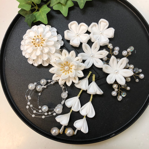 つまみ細工 髪飾り 純白セット大 かんざし MU-ra_kanzashi 通販 つまみ細工 髪飾り 純白セット大 かんざし MU-ra_kanzashi 通販