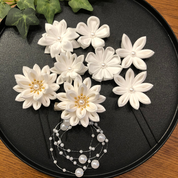 つまみ細工 髪飾り 純白小花6種セット かんざし MU-ra_kanzashi