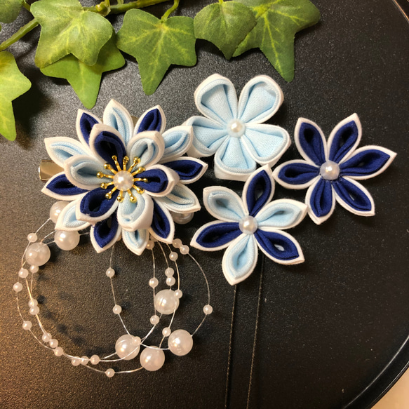 つまみ細工 髪飾り ブルー ヘアピン MU-ra_kanzashi 通販 11378059