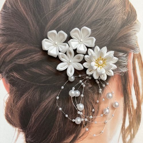 つまみ細工 髪飾り ホワイトセット ヘアピン MU-ra_kanzashi