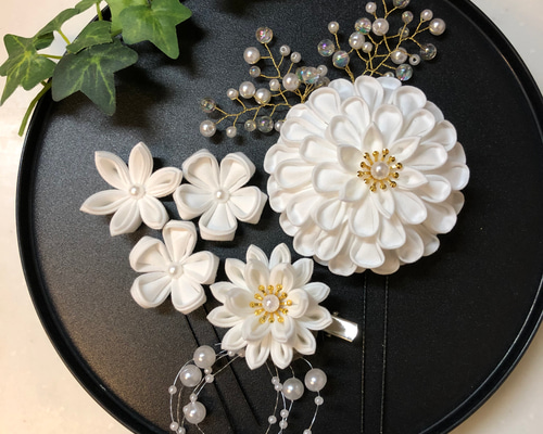 つまみ細工 髪飾り 純白半すくセット かんざし MU-ra_kanzashi