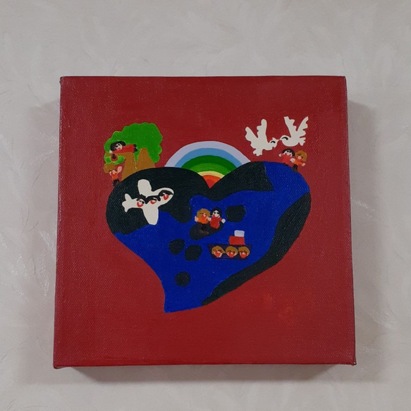 ハートの地球 油絵 20×20cm ハッピー太陽画家小楠アキコ作品