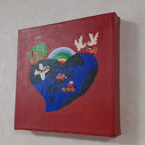 ハートの地球 油絵 20×20cm ハッピー太陽画家小楠アキコ作品
