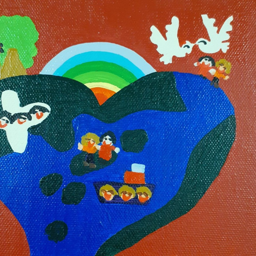 ハートの地球 油絵 20×20cm ハッピー太陽画家小楠アキコ作品