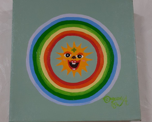 ハッピー太陽と虹　キャンバス　20×20cm　油絵　小楠アキコ作品 ハッピー太陽と虹 油絵 20×20cm キャンバス ハッピー太陽画家