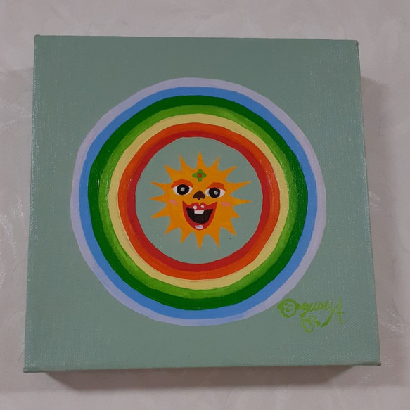 ハッピー太陽と虹　キャンバス　20×20cm　油絵　小楠アキコ作品 ハッピー太陽と虹 キャンバス 20×20cm 油絵 小楠アキコ作品