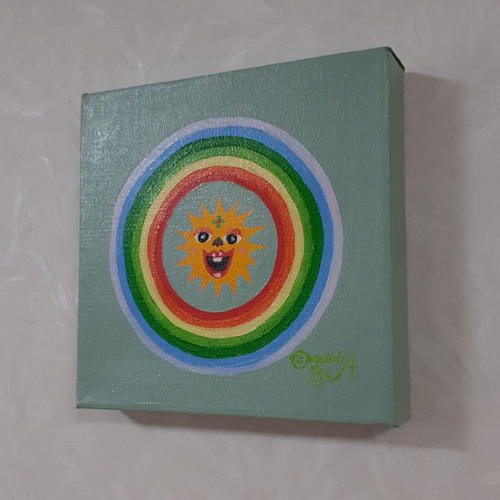 ハッピー太陽と虹　キャンバス　20×20cm　油絵　小楠アキコ作品 ハッピー太陽と虹キャンバス20×20cm油絵小楠アキコ作品
