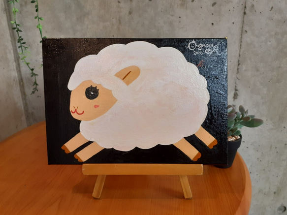 ハッピーひつじ 黒 サムホールサイズ キャンバス 小楠アキコ作品 絵画 