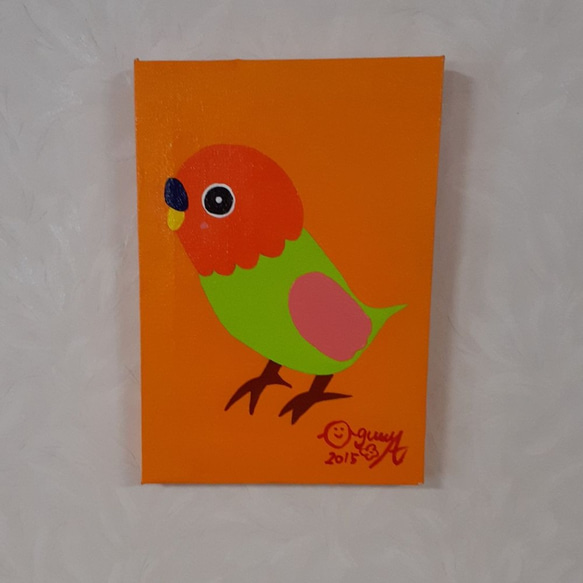インコちゃん オレンジ サムホールサイズ キャンバス アクリルガッシュ