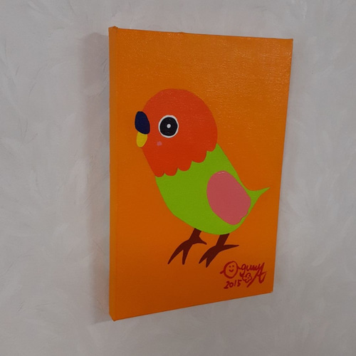 インコちゃん オレンジ サムホールサイズ キャンバス アクリルガッシュ