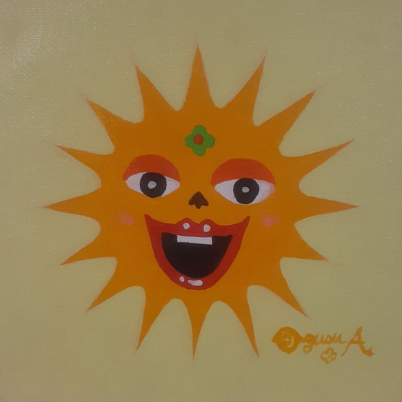 油絵　ハッピー太陽　20×20cm　キャンバス　ハッピー太陽画家小楠アキコ作品 2枚目の画像