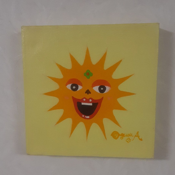 油絵　ハッピー太陽　20×20cm　キャンバス　ハッピー太陽画家小楠アキコ作品 4枚目の画像