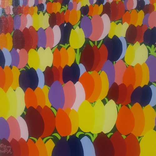 ハッピーひまわり畑　画家　小楠アキコ作品　F8号　キャンバス　アクリルガッシュ ハッピーひまわり畑 F4サイズ アクリル絵の具 額付き 絵画 小楠