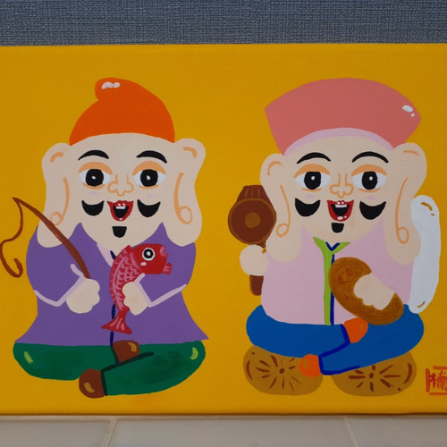 ハッピー恵比寿様 画家 小楠アキコ作品 色紙サイズ 額付き ハッピー