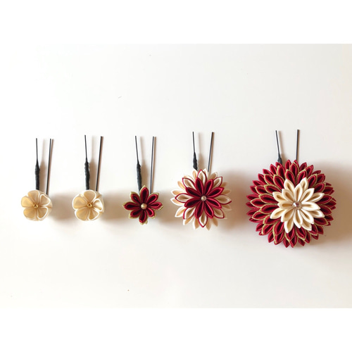 サテン生地♡つまみ細工♡髪飾り5点セット♡ハンドメイド ヘアピン