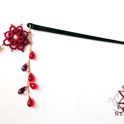 【ポイント還元SALE品】和モダン菊風タティング簪　～真紅～ 2枚目の画像