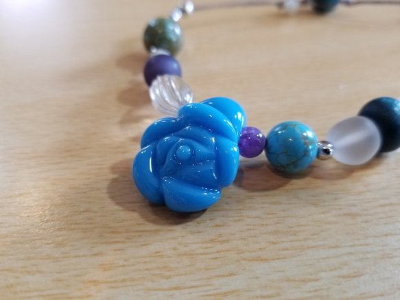 とんぼ玉ネックレス Jewelry Rose 素材色々ミックスネックレス  ガラス ターコイズブルー バラ 夏  宝石 2枚目の画像
