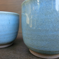 【在庫限り】優しい天然灰の釉（青）夫婦湯呑　ペア ２個セット 6枚目の画像