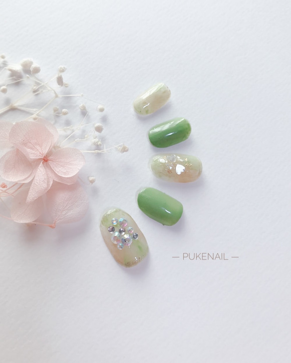 Puke Nail Shipping Free [No.236] Heart Deco可愛顏色/綠色辦公室日期/♡v♡監獄指甲提 第2張的照片