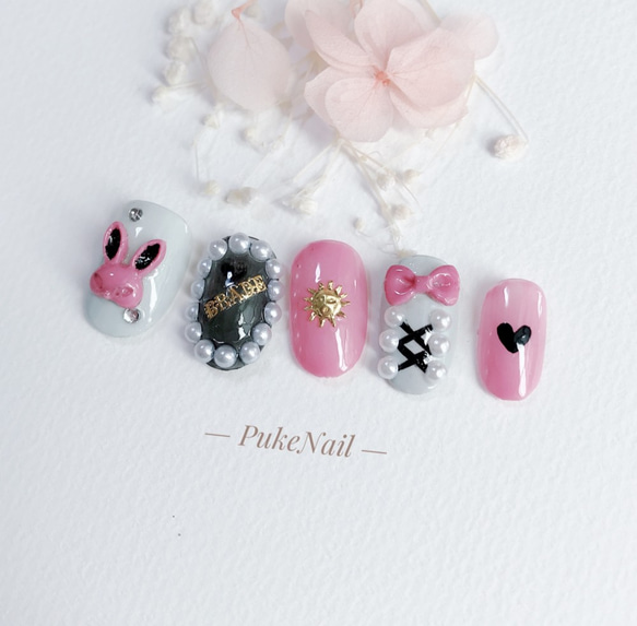 Pukeネイル発送無料[No.264]ウサギ /量産型・可愛いピンク♡ジェイルネイルチップ 2枚目の画像