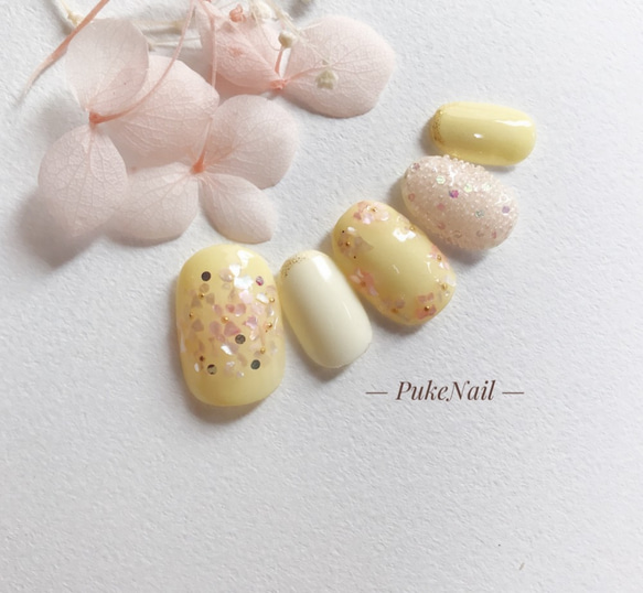 [Pukeネイル[No.301]花束黄色ウェディング・春・夏ジェイルネイルチップ 6枚目の画像