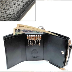 本革 ミニ財布 コンパクト財布  6連キーケース/コインケース　スタンプ模様　ブラック 3枚目の画像