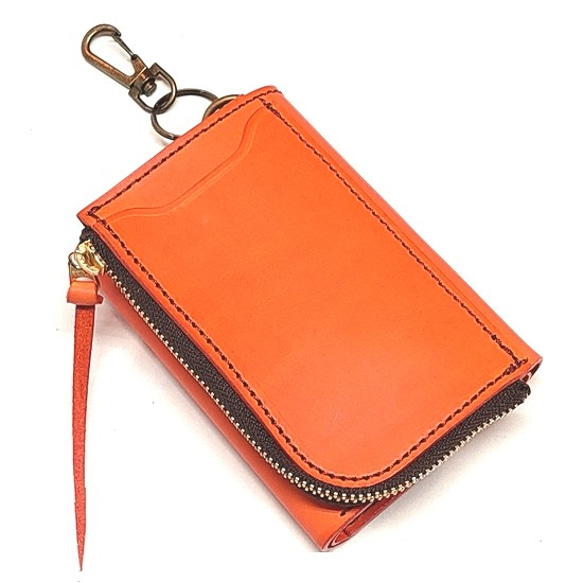 限定色 本革 ヌメ革 ミニ財布キーケース コンパクト財布 サドルレザー オレンジ 1枚目の画像
