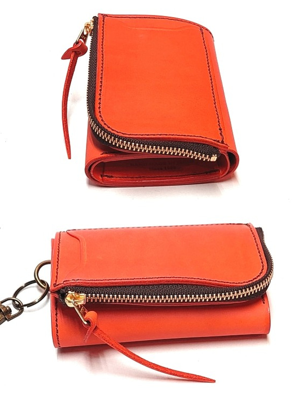限定色 本革 ヌメ革 ミニ財布キーケース コンパクト財布 サドルレザー オレンジ 2枚目の画像