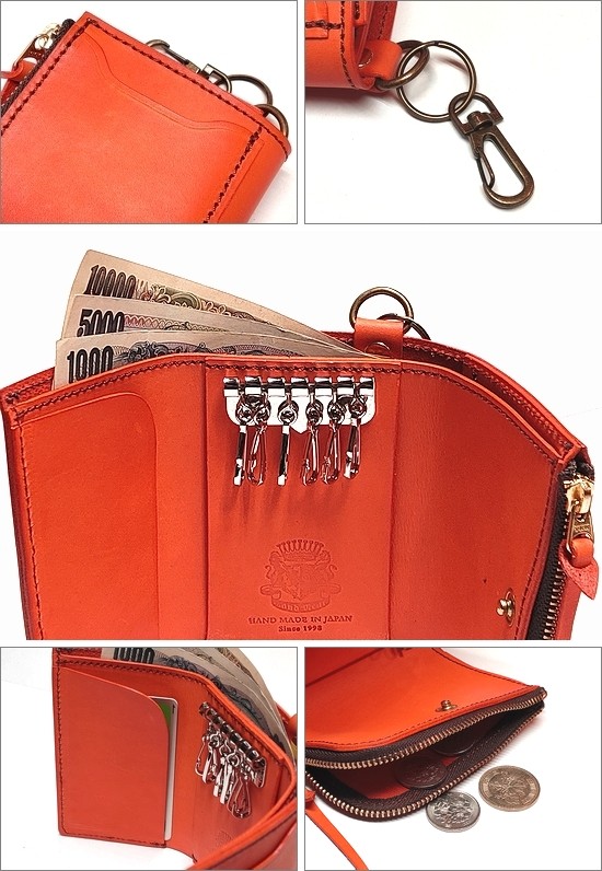 限定色 本革 ヌメ革 ミニ財布キーケース コンパクト財布 サドルレザー オレンジ