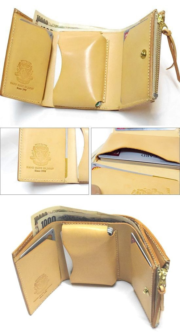 ステッチカラー変更可 本革 ミニ財布 コンパクト財布 サドルレザー 3つ折り財布 ナチュラル 3枚目の画像