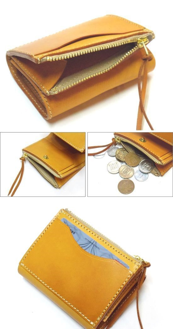 ステッチカラー変更可 本革 ミニ財布 コンパクト財布 サドルレザー 3つ折り財布 オイルブラウン 4枚目の画像